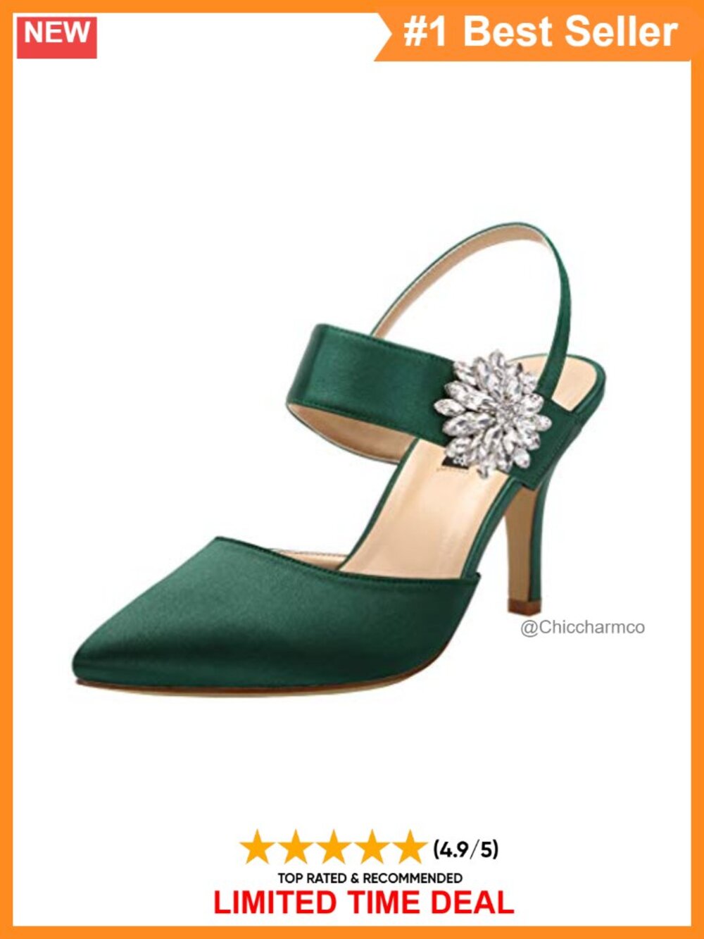 ERIJUNOR Satin Slingback Pumps Pointed Toe Rhinestone Brooch Mid Heel Dress